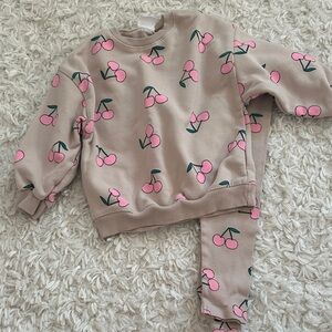 ZARA Pink Cherries Print Tan Sweatshirt and Ribbed Leggings